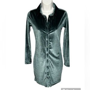 Princess Polly teal long sleeve collared button front velvet mini dress size 4